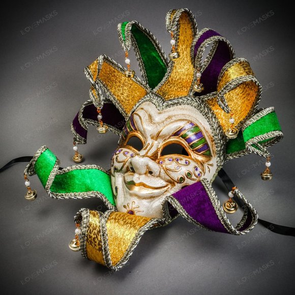 Mardi Gras Luxury Jester Crackle Joker Venetian Masquerade Theater Act Face Mask - Picture 3 of 9